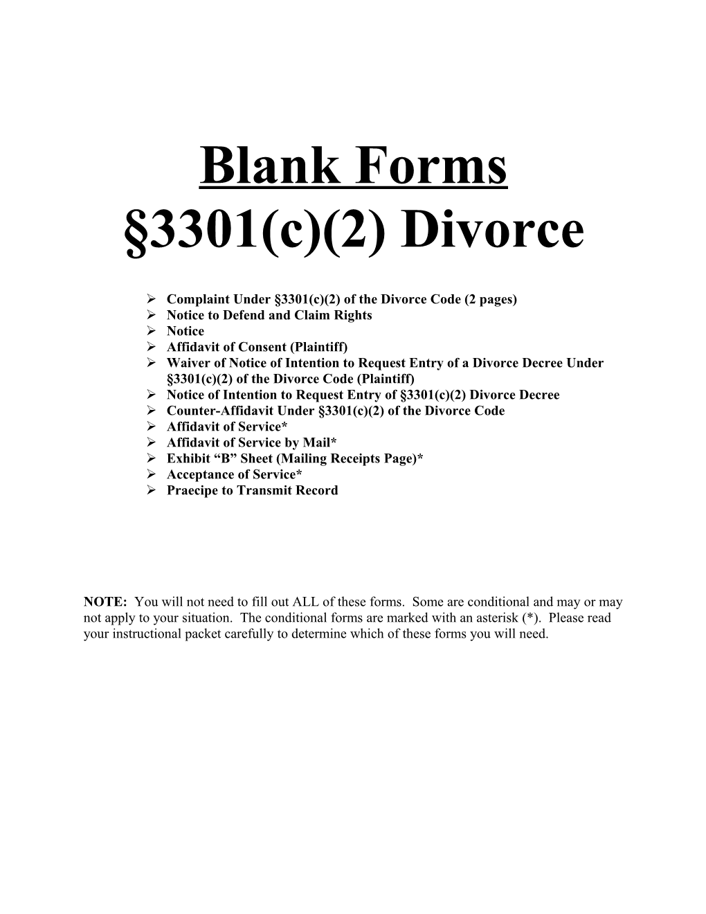 Ø Complaint Under 3301(C)(2) of the Divorce Code (2 Pages)