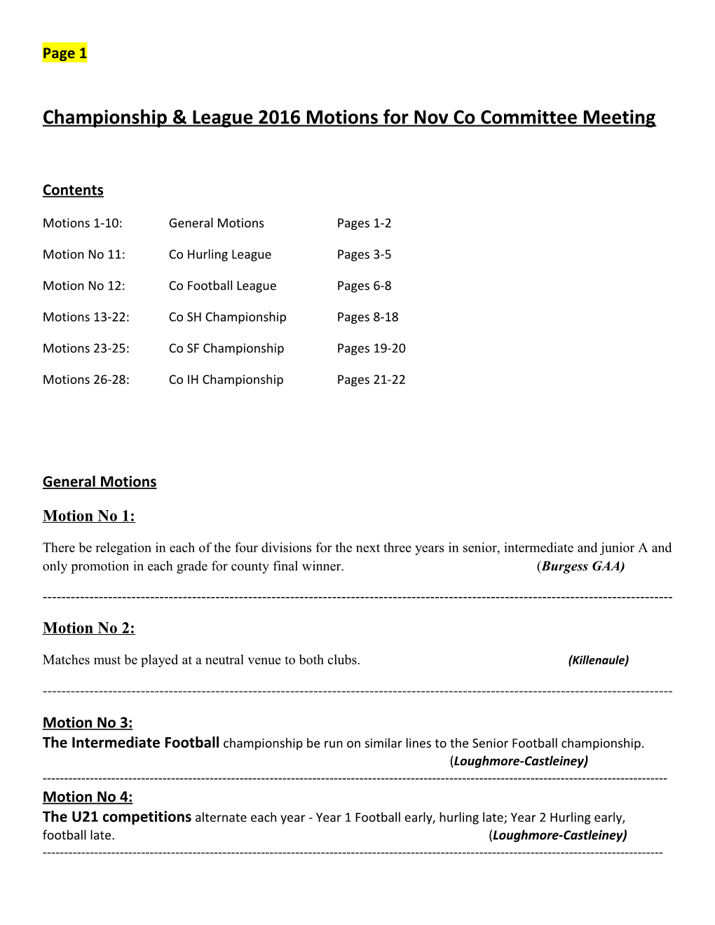 Championship & League 2016 Motions for Nov Co Committee Meeting