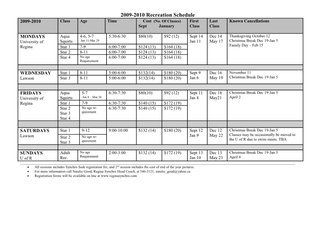 Fall 2001 Recreation Schedule