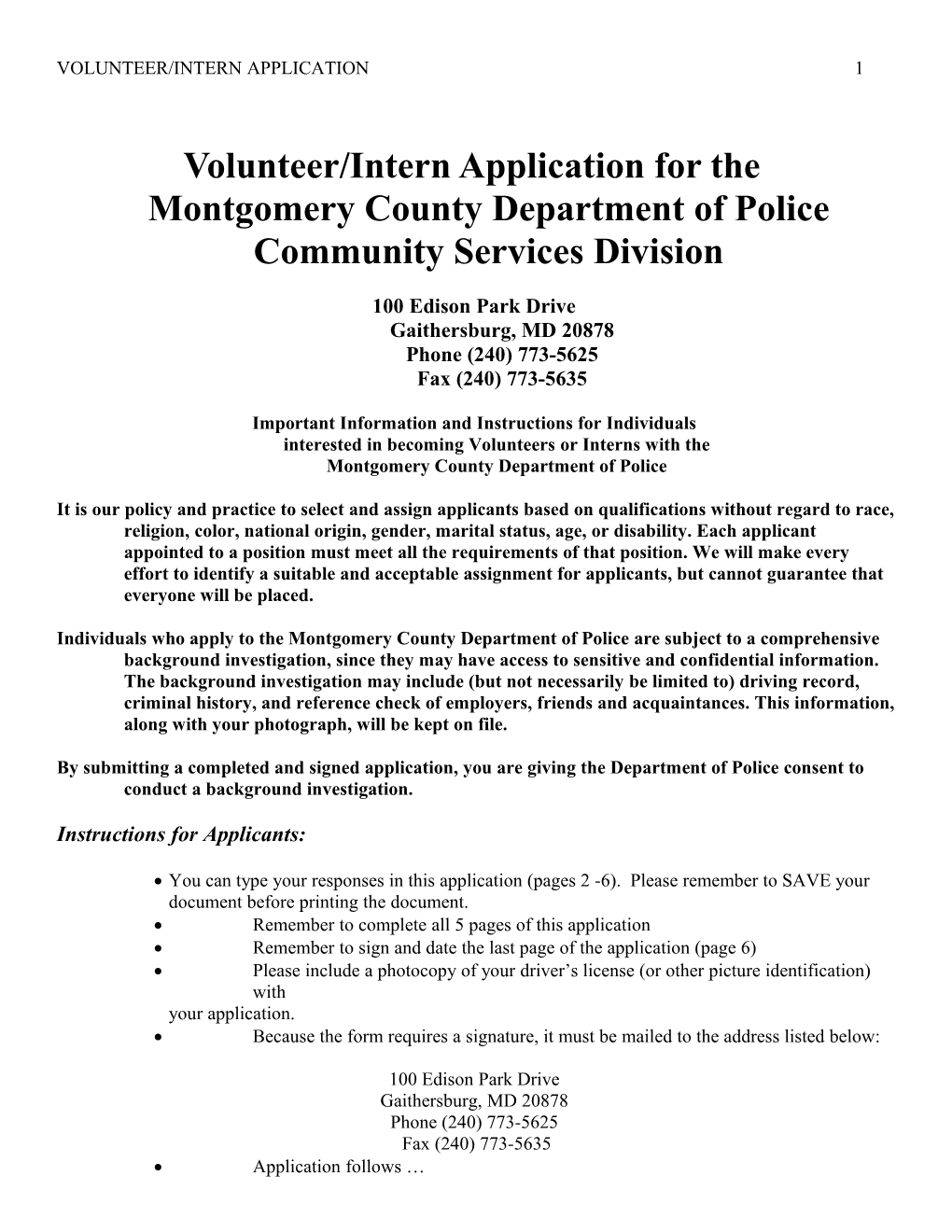 Volunteer/Intern Application for The