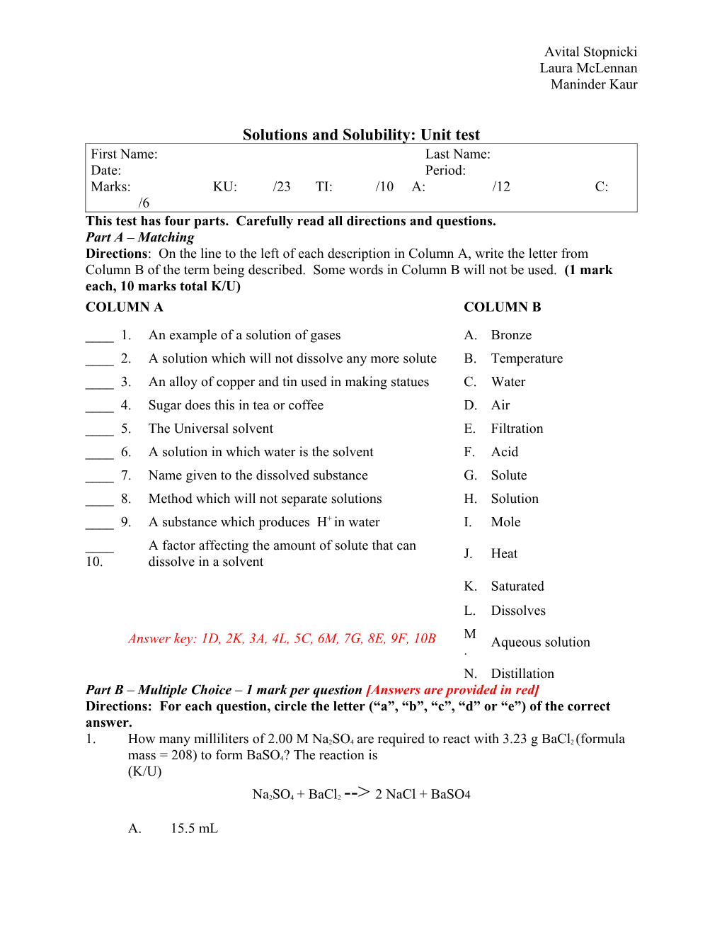 Solutions and Solubility: Unit Test