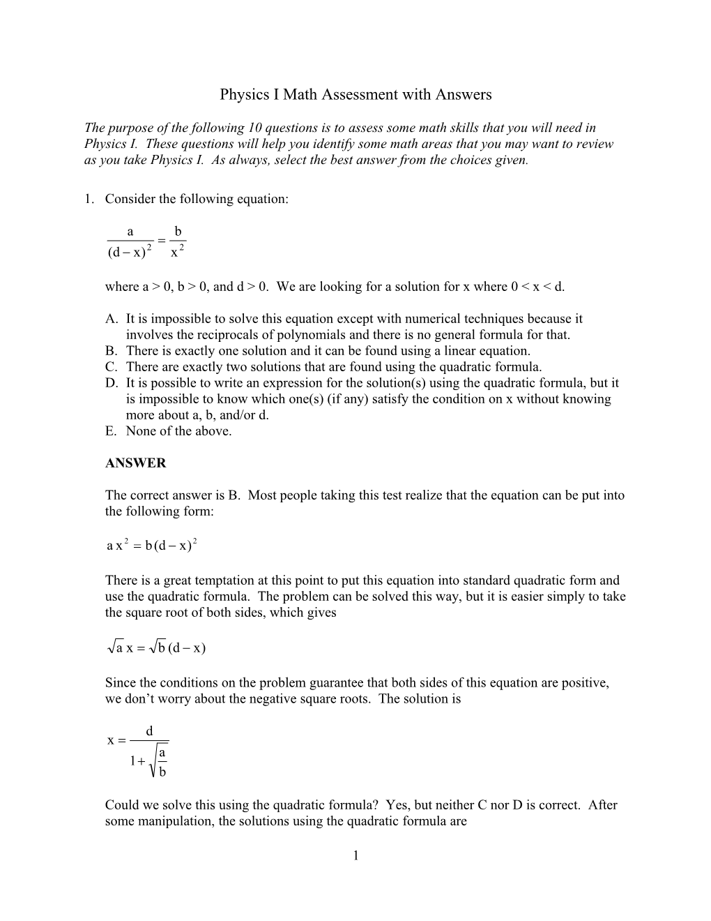 Physics I Math Assessment