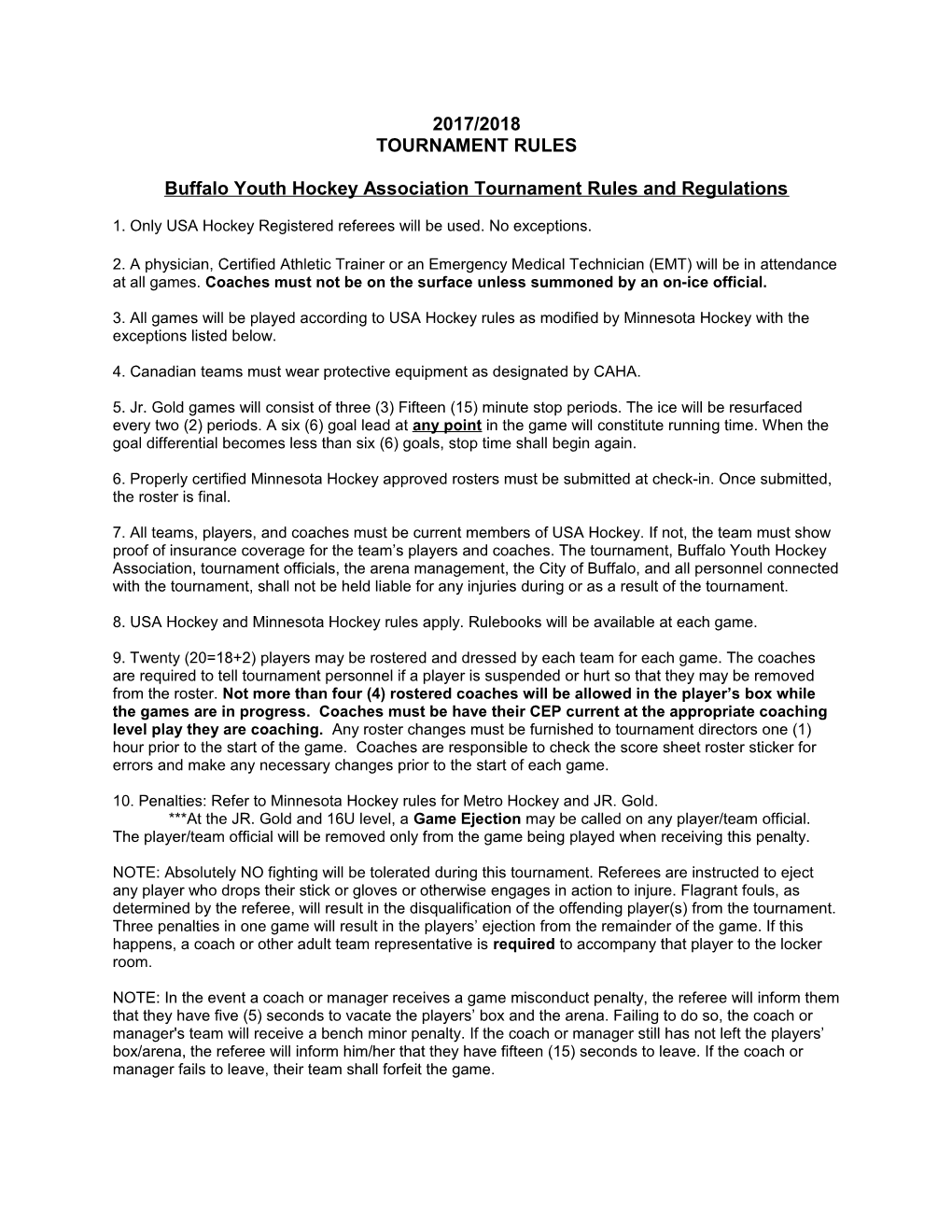Buffalo Youth Hockey Association Tournament Rules and Regulations