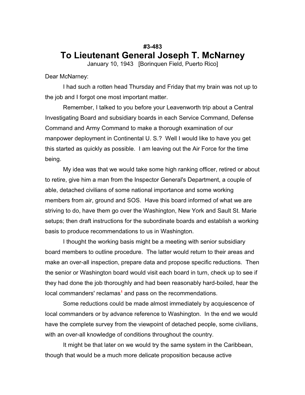 To Lieutenant General Joseph T. Mcnarney