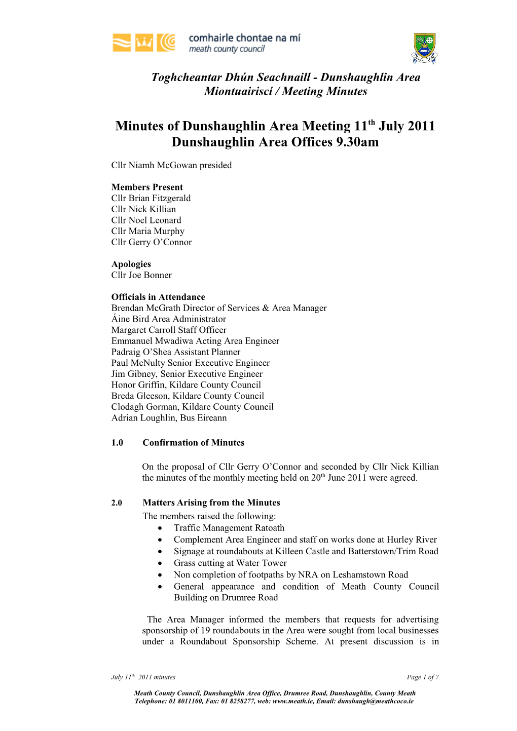 Minutes of Dunshaughlin Area Meeting 11Th July 2011