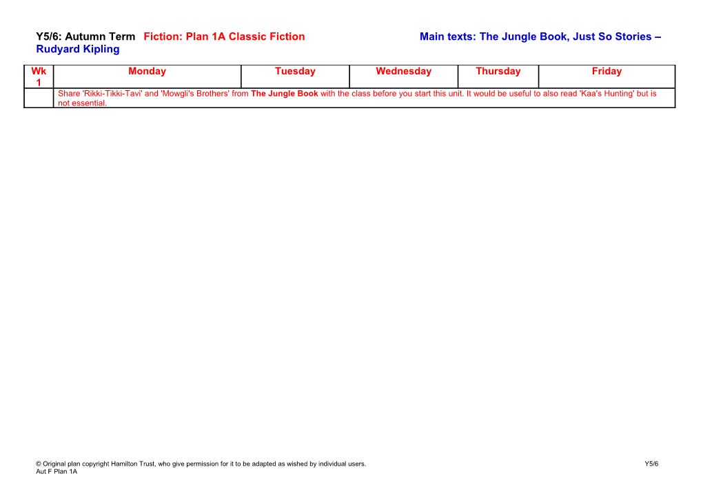 Y5/6: Autumn Term Fiction: Plan 1A Classic Fiction Main Texts: the Jungle Book, Just So