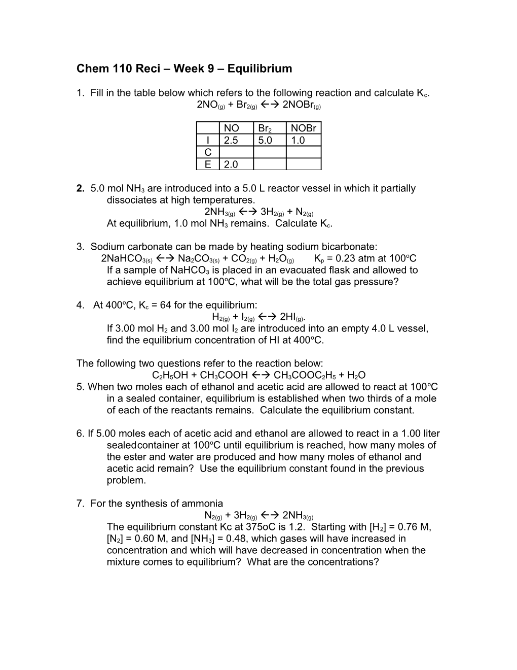 Chem 110 Reci Week 9 Equilibrium