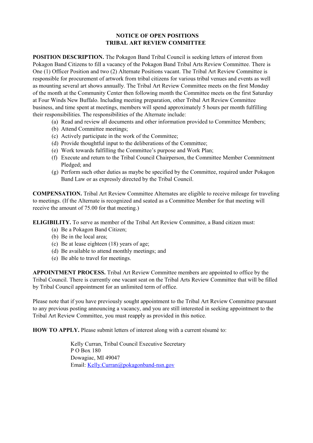 Notice of Open Positions Tribal Art Review Committee