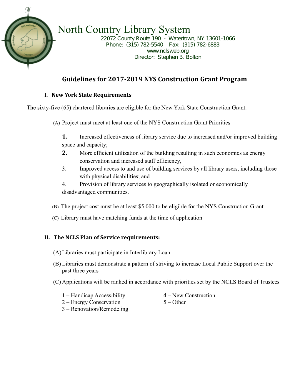 Guidelines for 2017-2019NYS Construction Grant Program