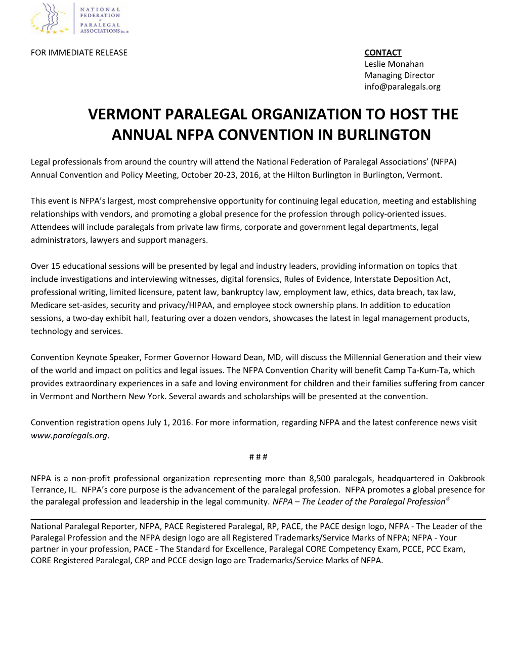 Vermont Paralegal Organization to Host the Annual Nfpa Convention in Burlington