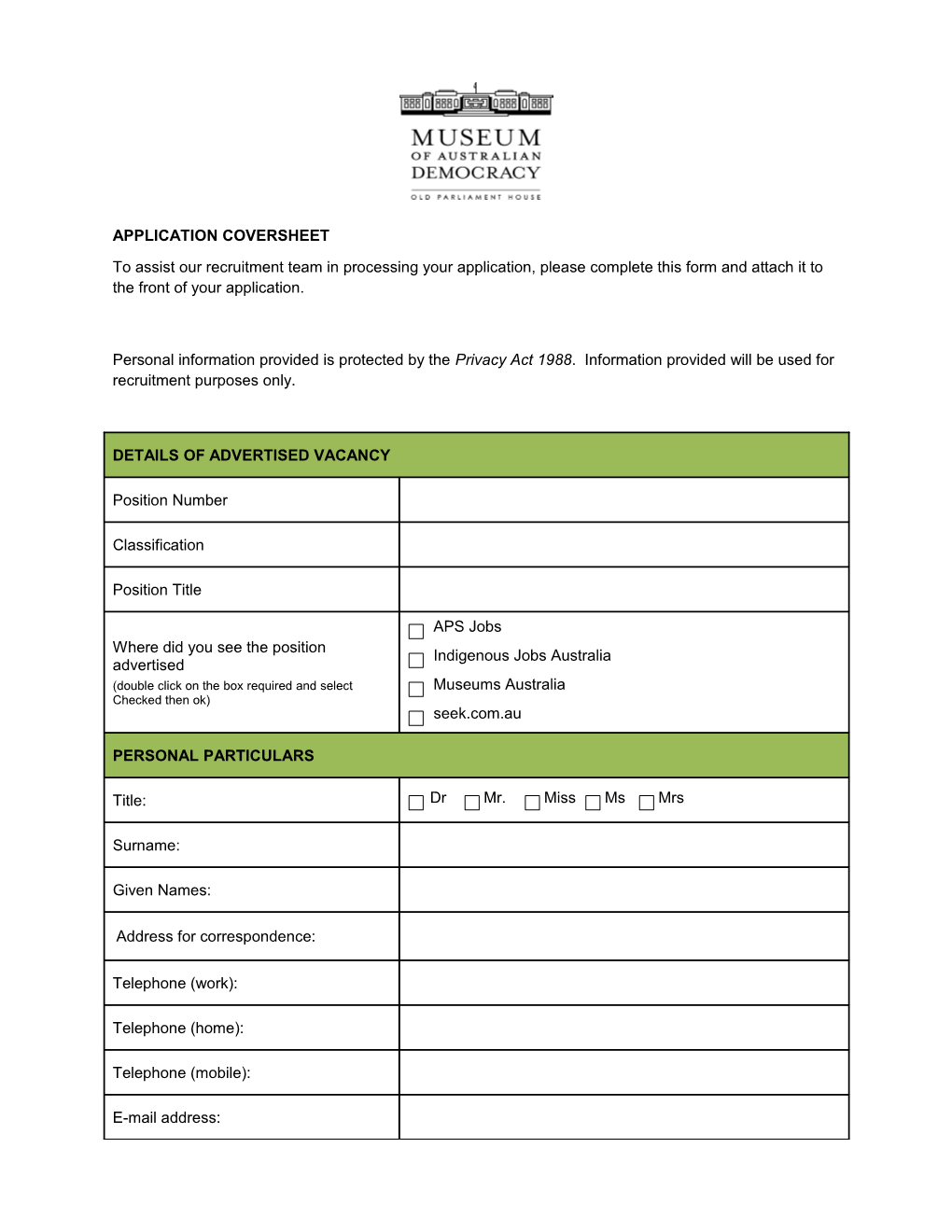 Application Coversheet