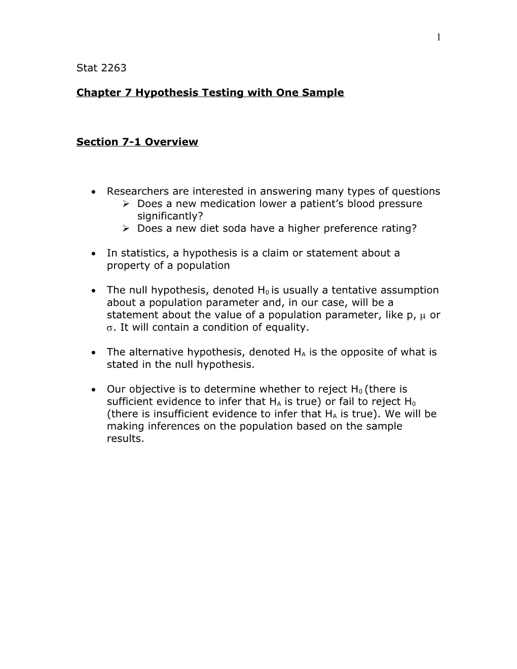 Chapter 7 Hypothesis Testing with One Sample