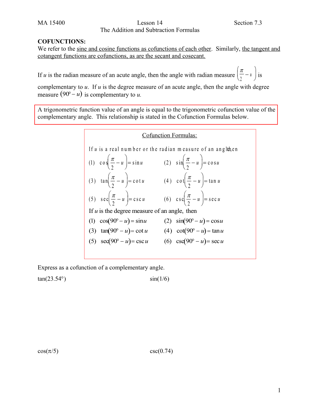 The Addition and Subtraction Formulas