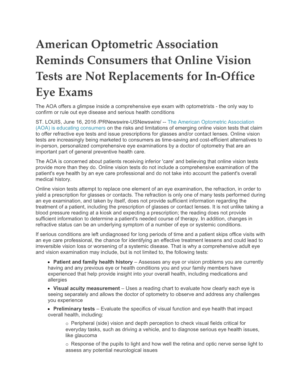 American Optometric Association Reminds Consumers That Online Vision Tests Are Not Replacements