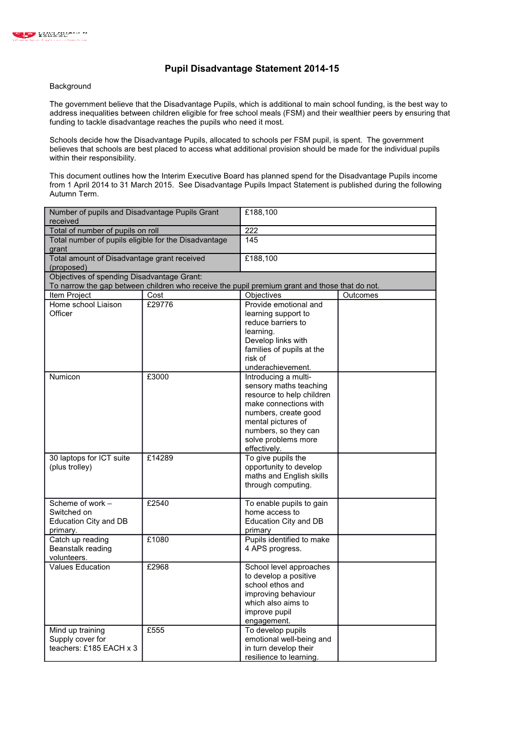 Pupil Disadvantage Statement 2014-15