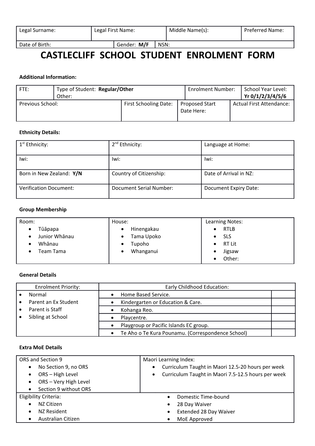 Castlecliff School Student Enrolment Form