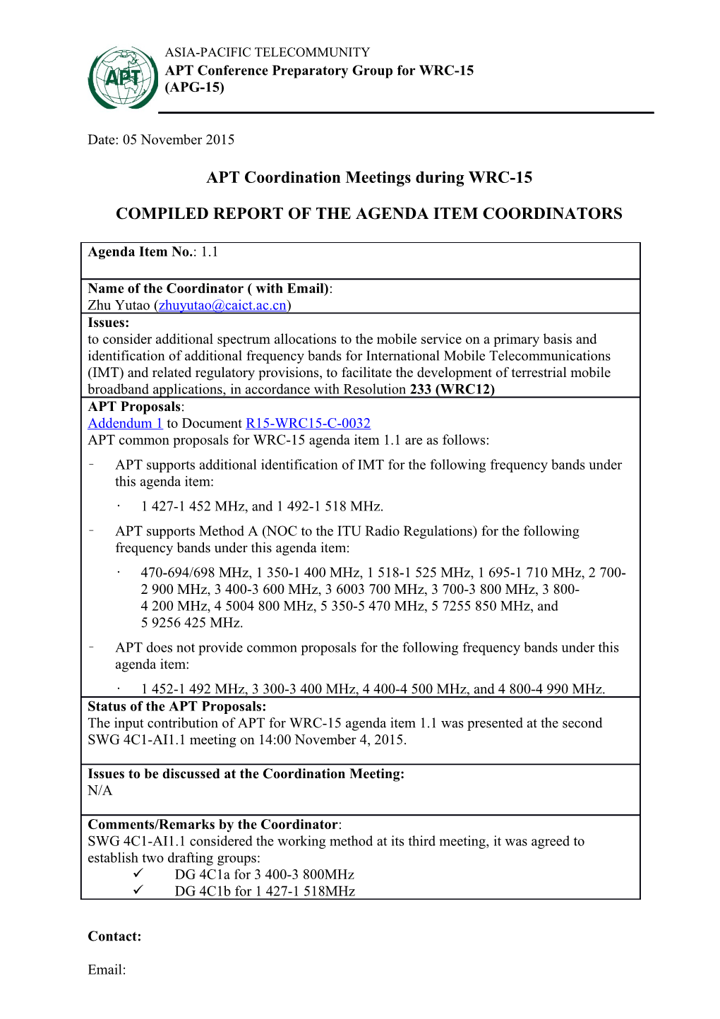 APT Coordination Meetings During WRC-15