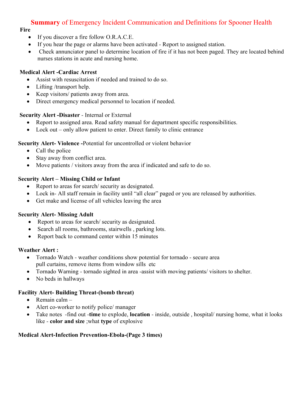 Emergency Codes and Definitions for Spooner Health System