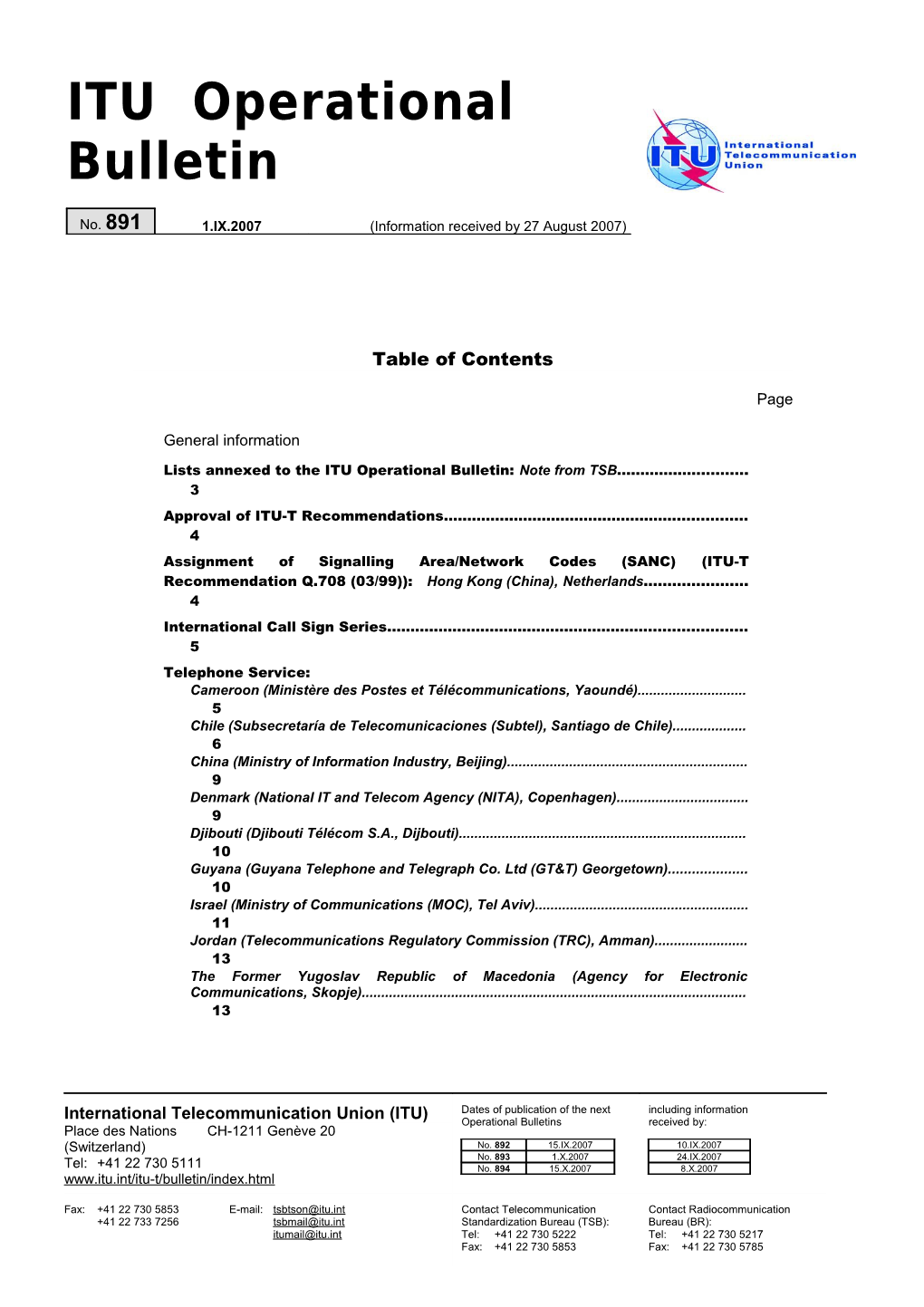 ITU Operational Bulletin No.891 Du 1.IX.2007