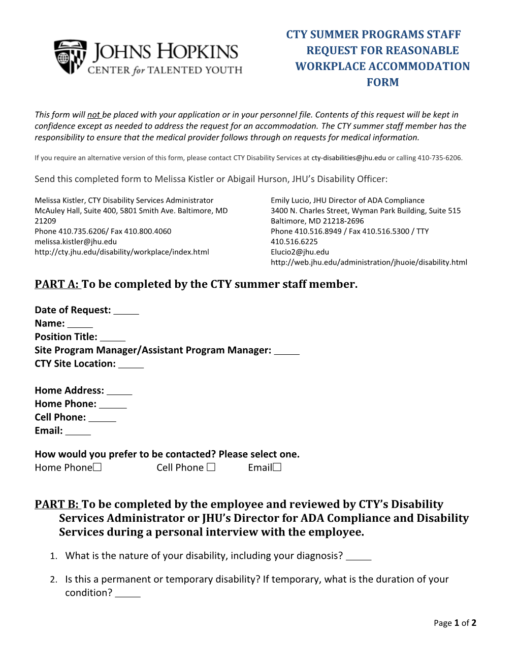 Cty Summer Programs Staff Request for Reasonable Workplace Accommodation Form