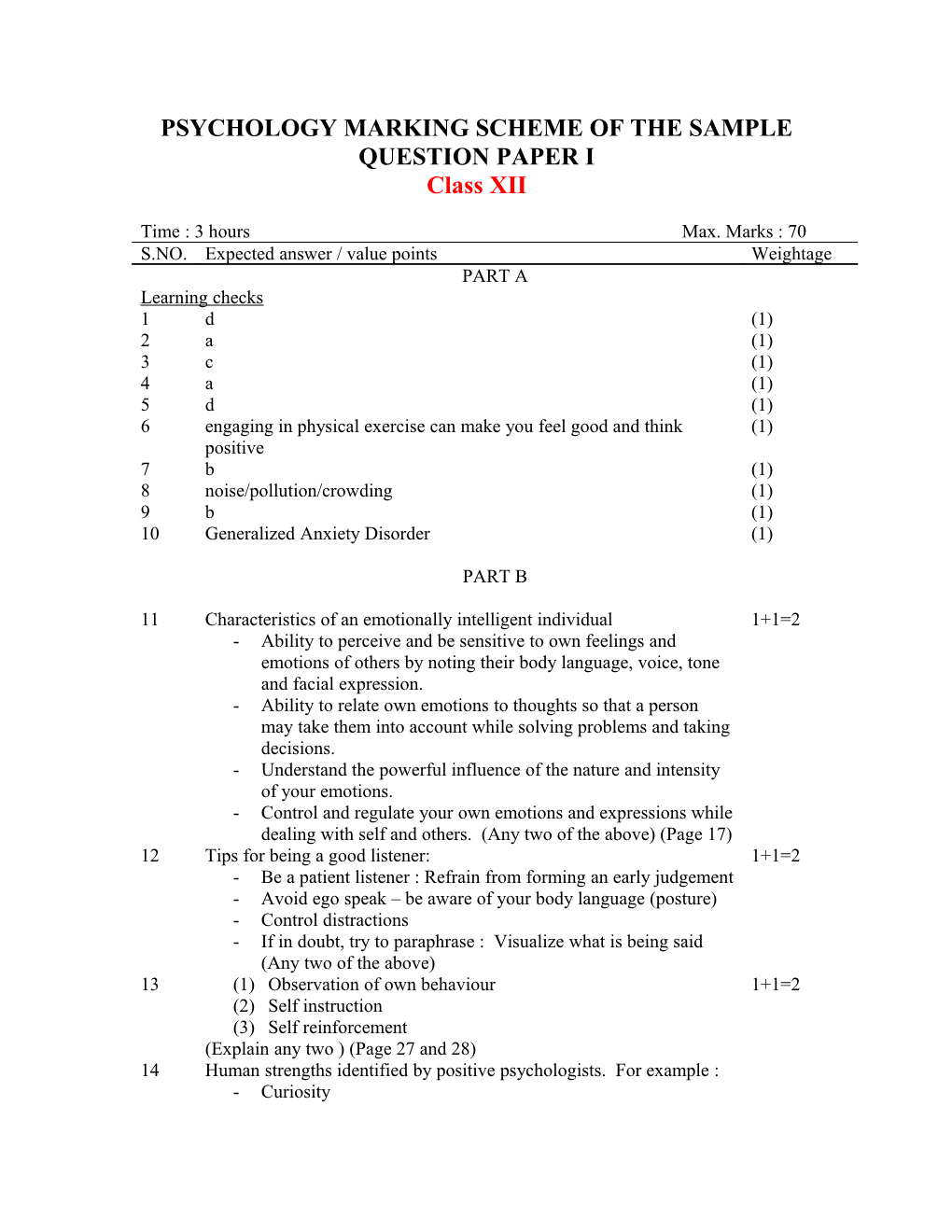Psychology Marking Scheme of the Sample Question Paper I