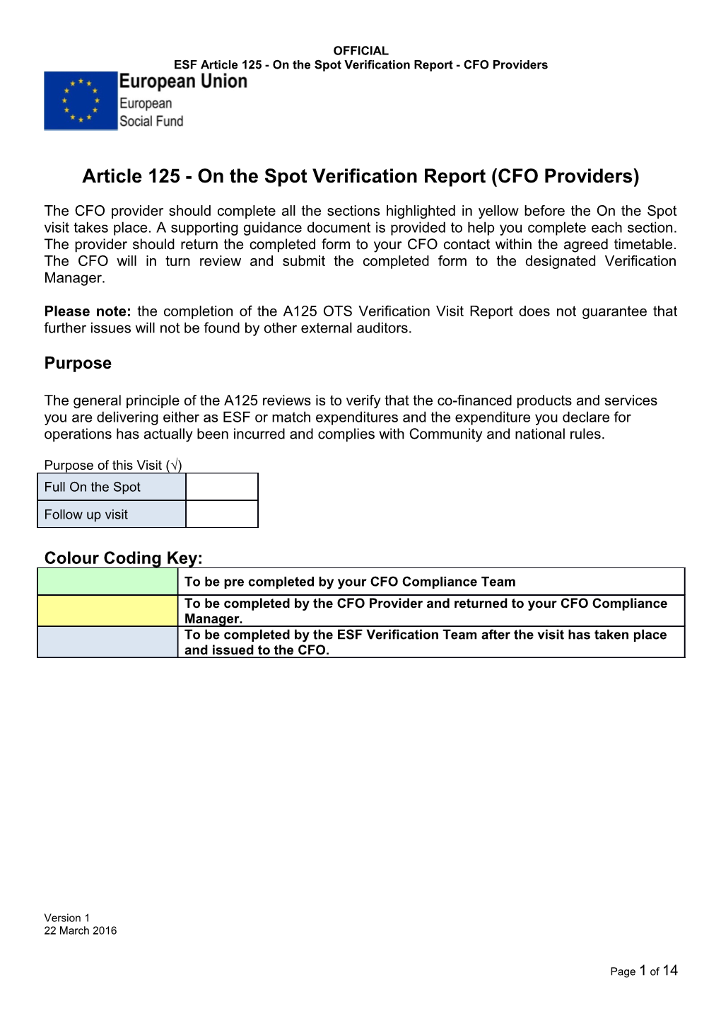 ESF Article 125 - on the Spot Verification Report - CFO Providers