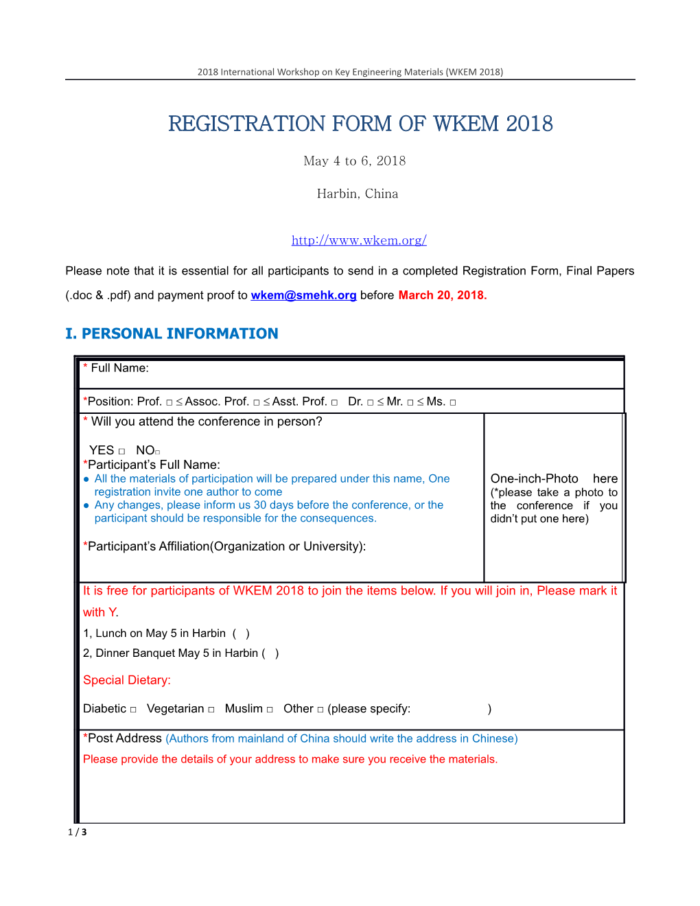 2018 International Workshop on Key Engineering Materials (WKEM 2018)