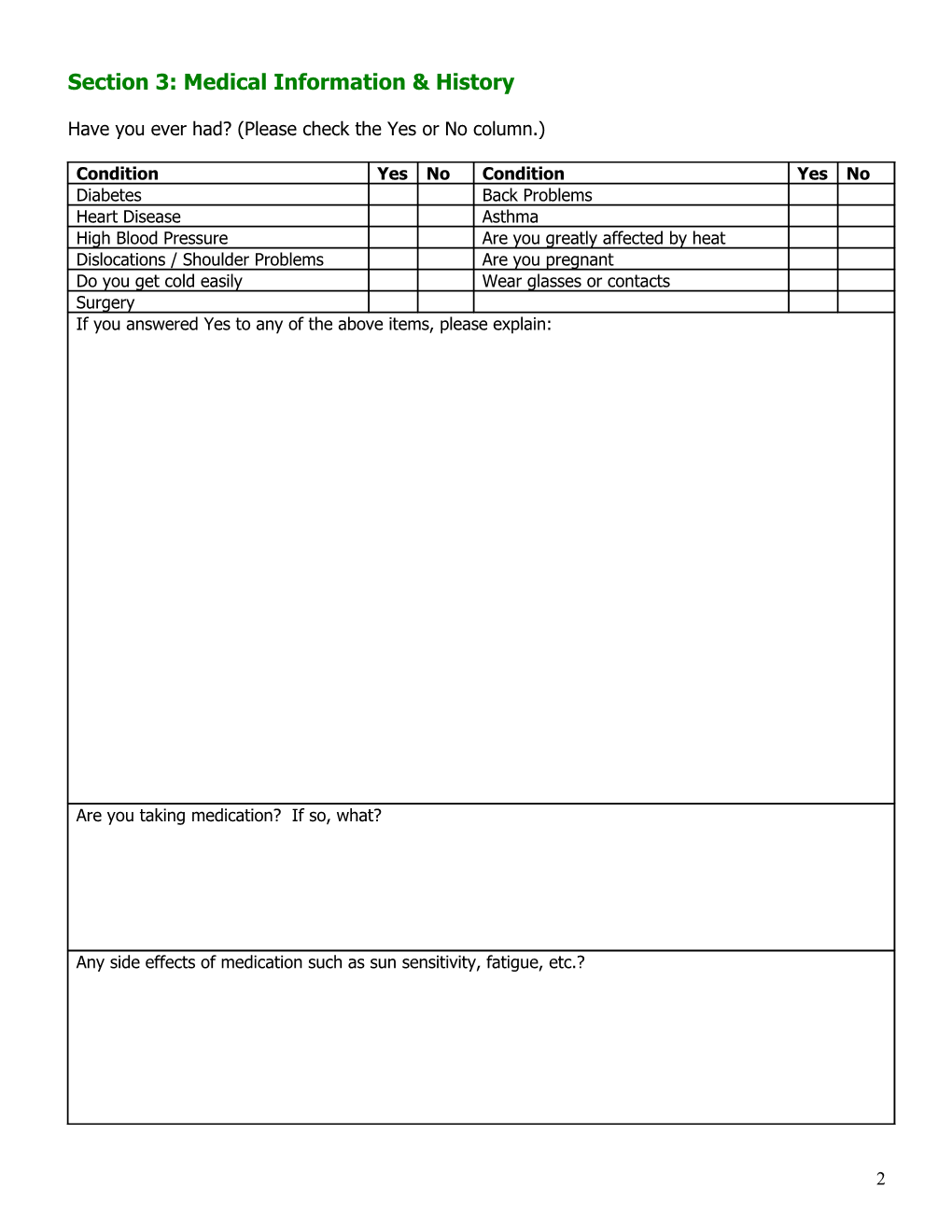 Information and Medical History Form