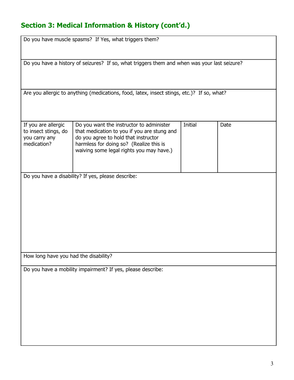 Information and Medical History Form