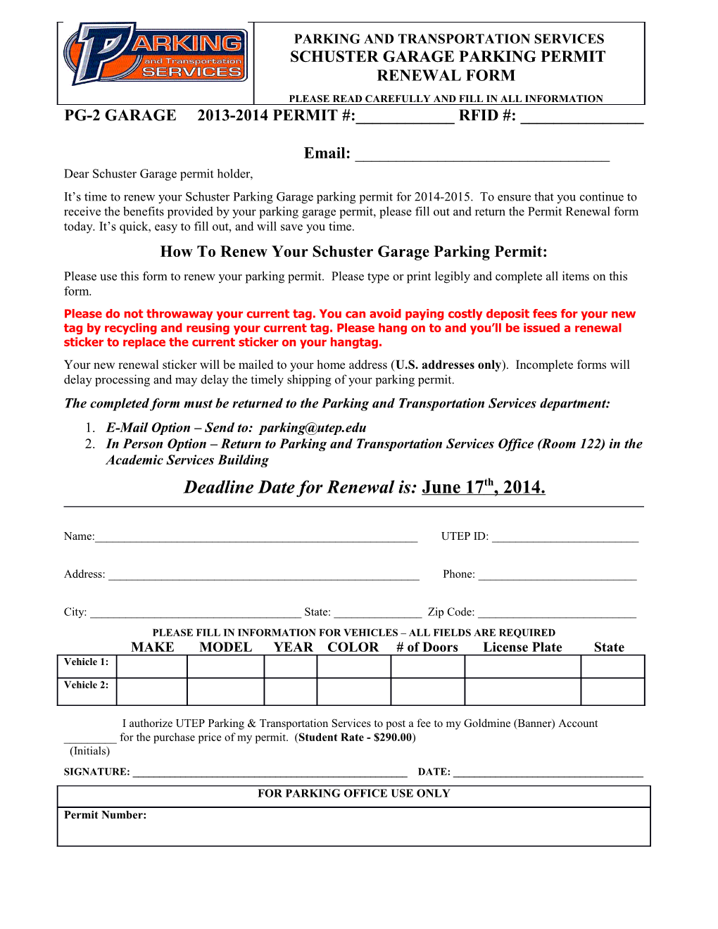 Parking and Transportation Services Schuster Garage Parking Permit Renewal Form Please