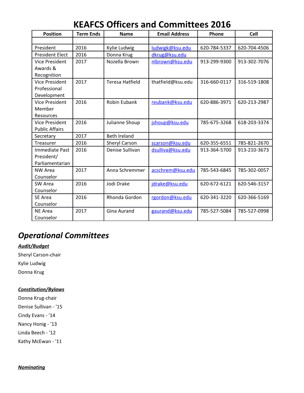 KEAFCS Officers and Committees 2016