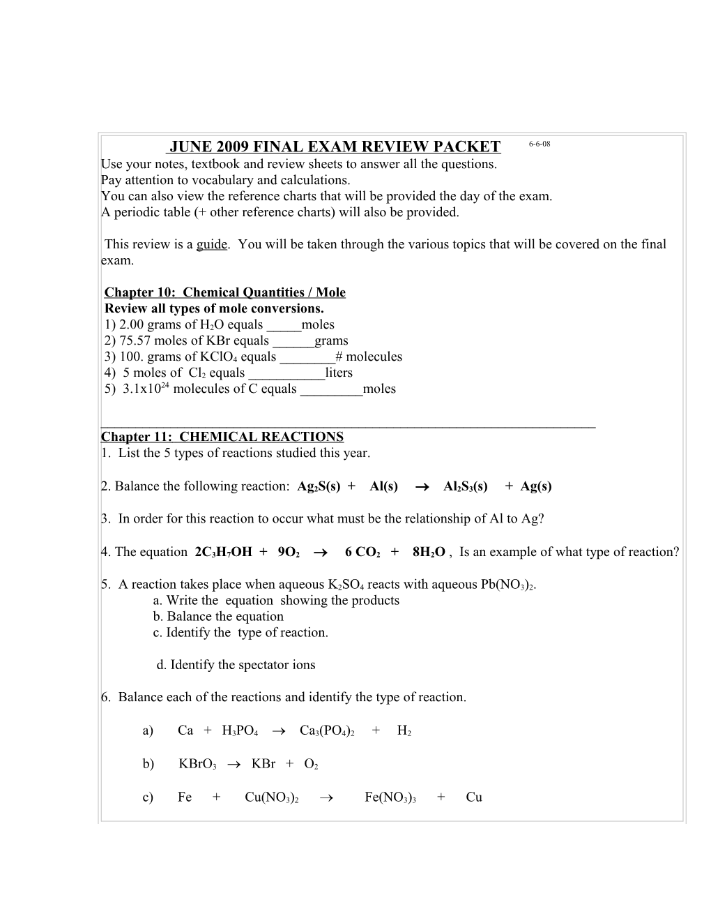 JUNE 2007 FINAL EXAM REVIEW PACKET 6-5-07 Revision
