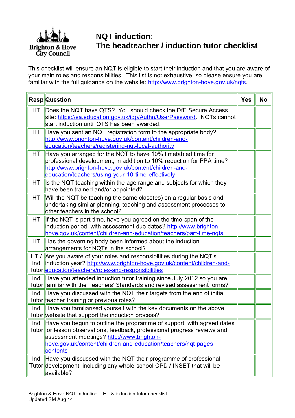 Brighton & Hove NQT Induction HT & Induction Tutor Checklist