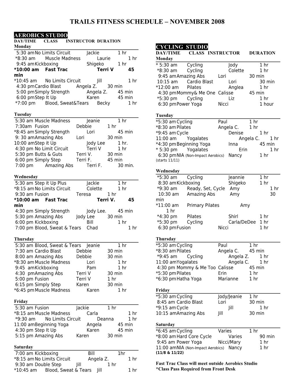 Trails Fitness Schedule