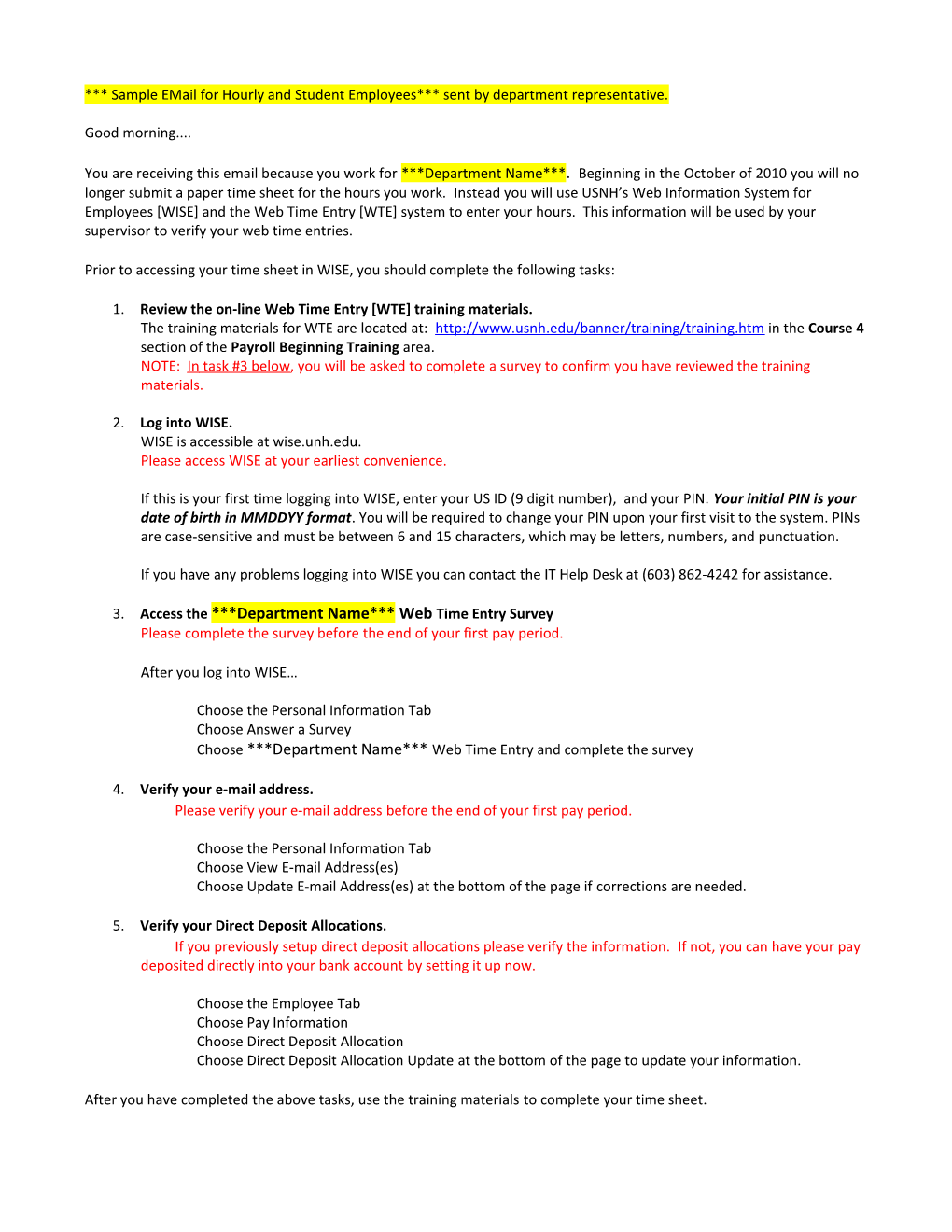 Sample Email for Hourly and Student Employees Sent by Department Representative