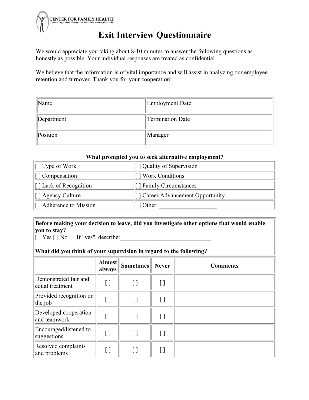 Exit Interview Questionnaire