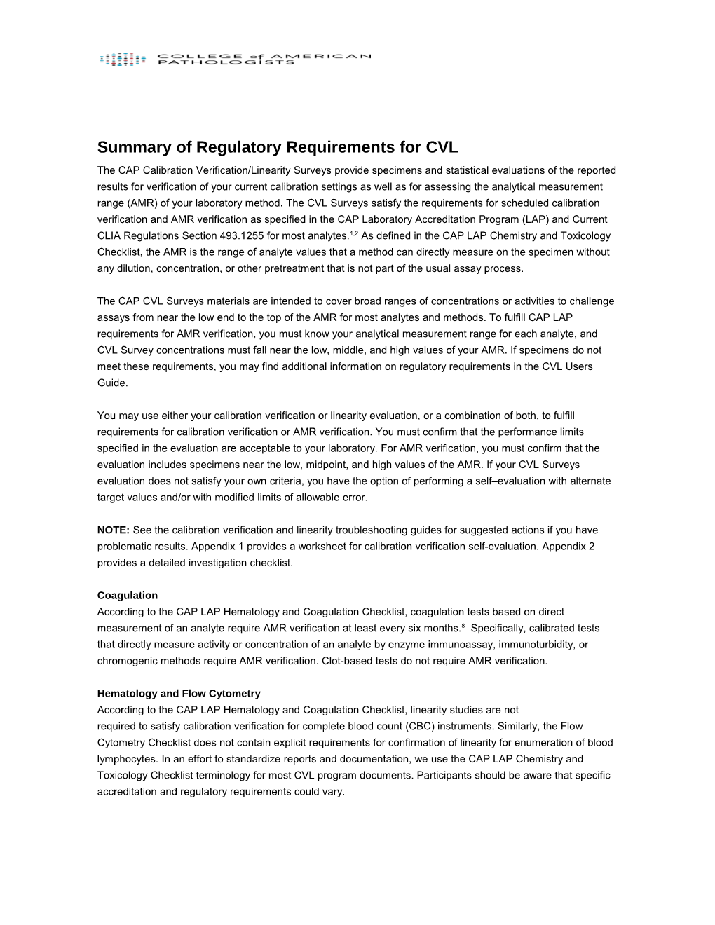 Summary of Regulatory Requirements for CVL