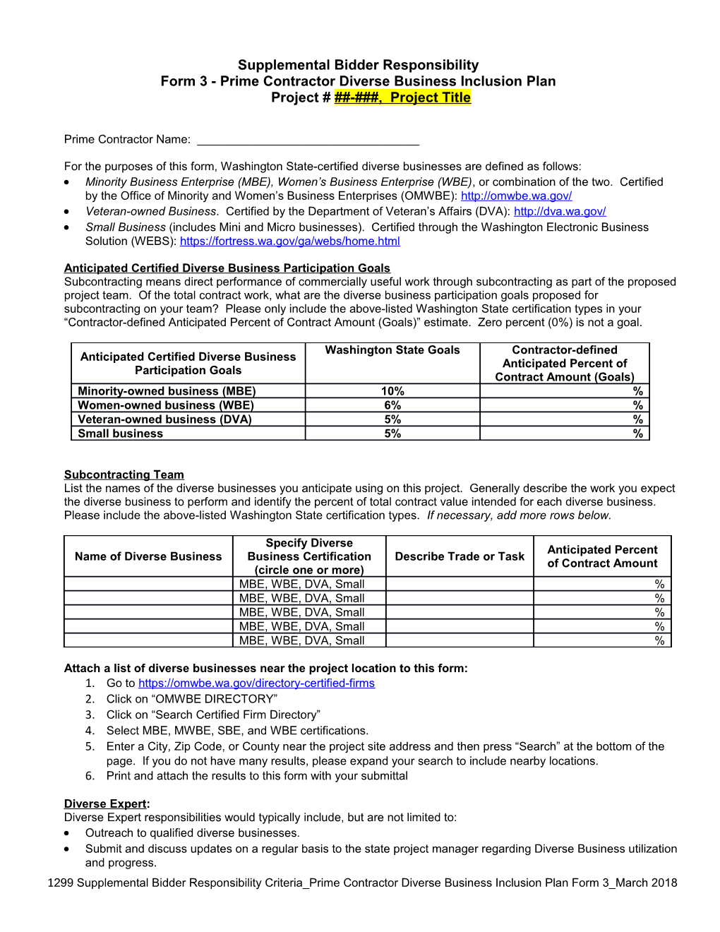 Form 3 - Prime Contractor Diverse Business Inclusion Plan