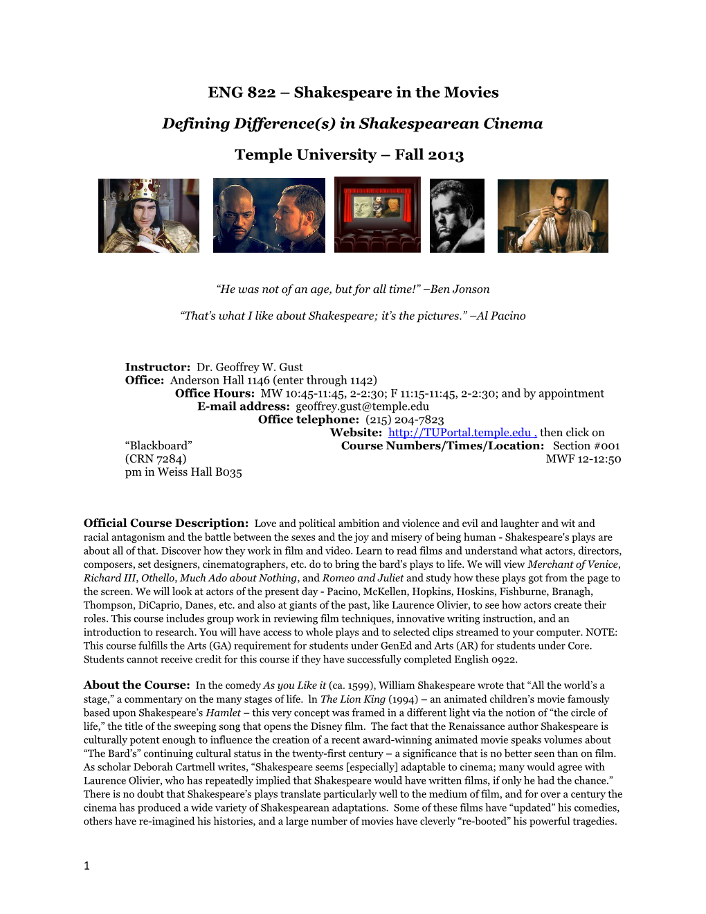 ENG 822 Shakespeare in the Movies