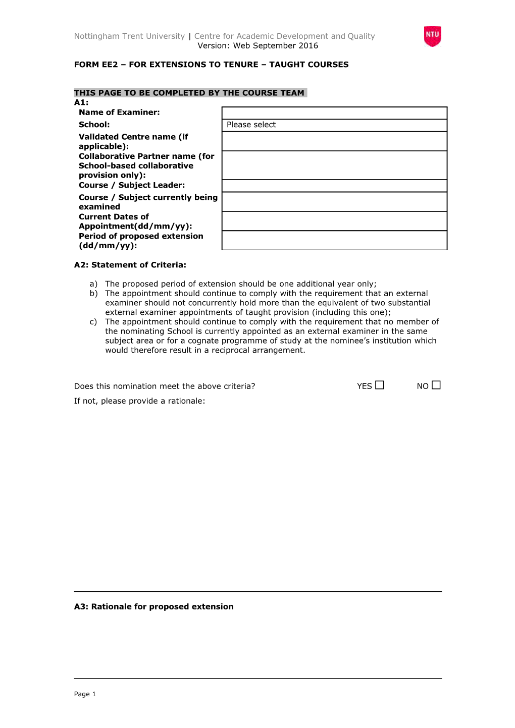 Form Ee2 for Additional Duties/Reallocation of Duties/Extensions to Tenure Taught Programmes