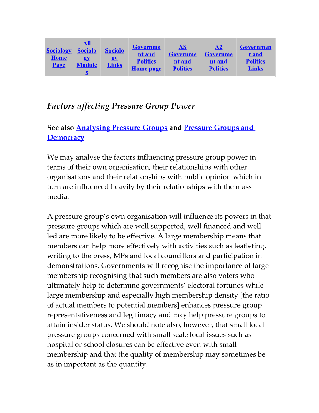 Factors Affecting Pressure Group Power