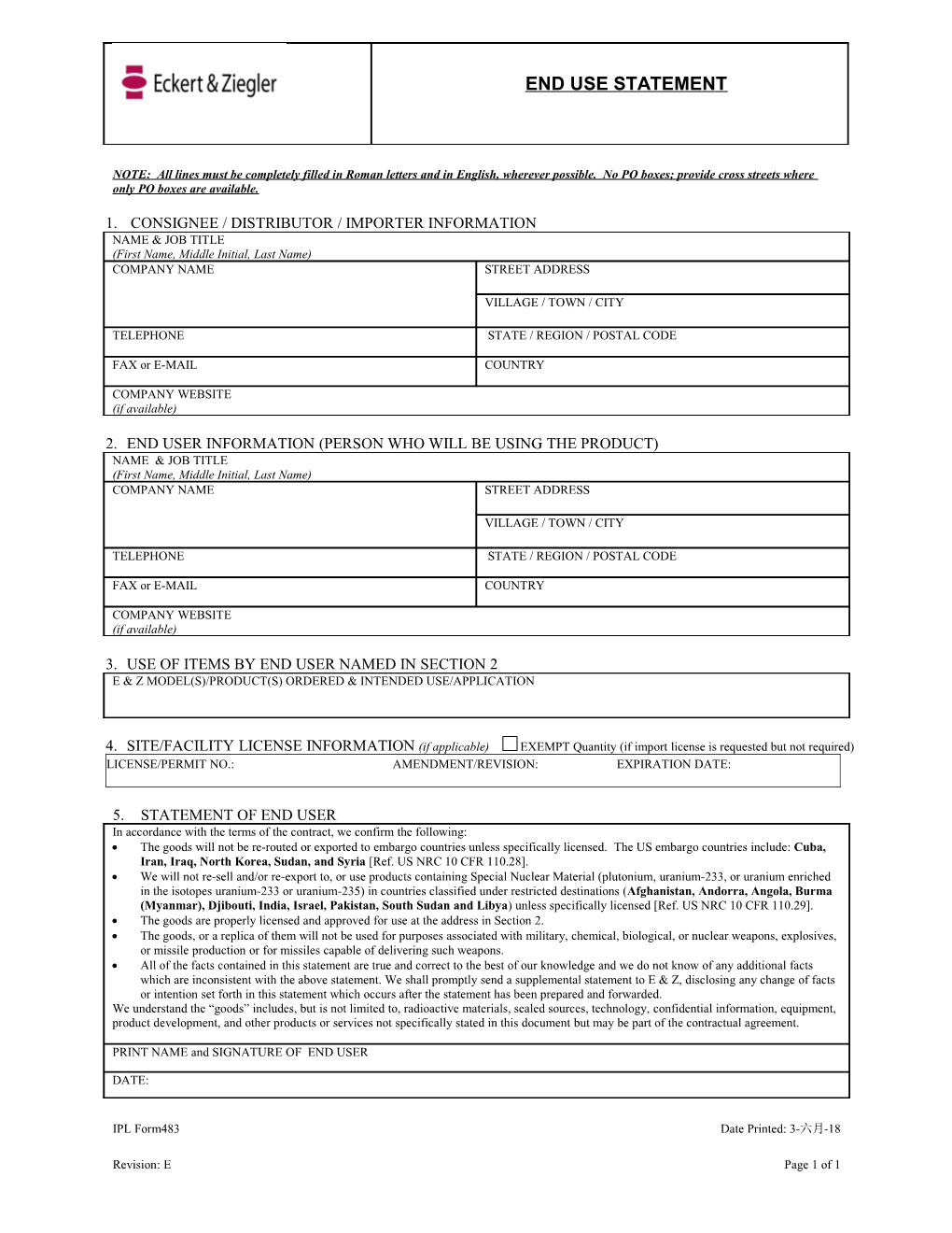 1. Consignee / Distributor / Importer Information