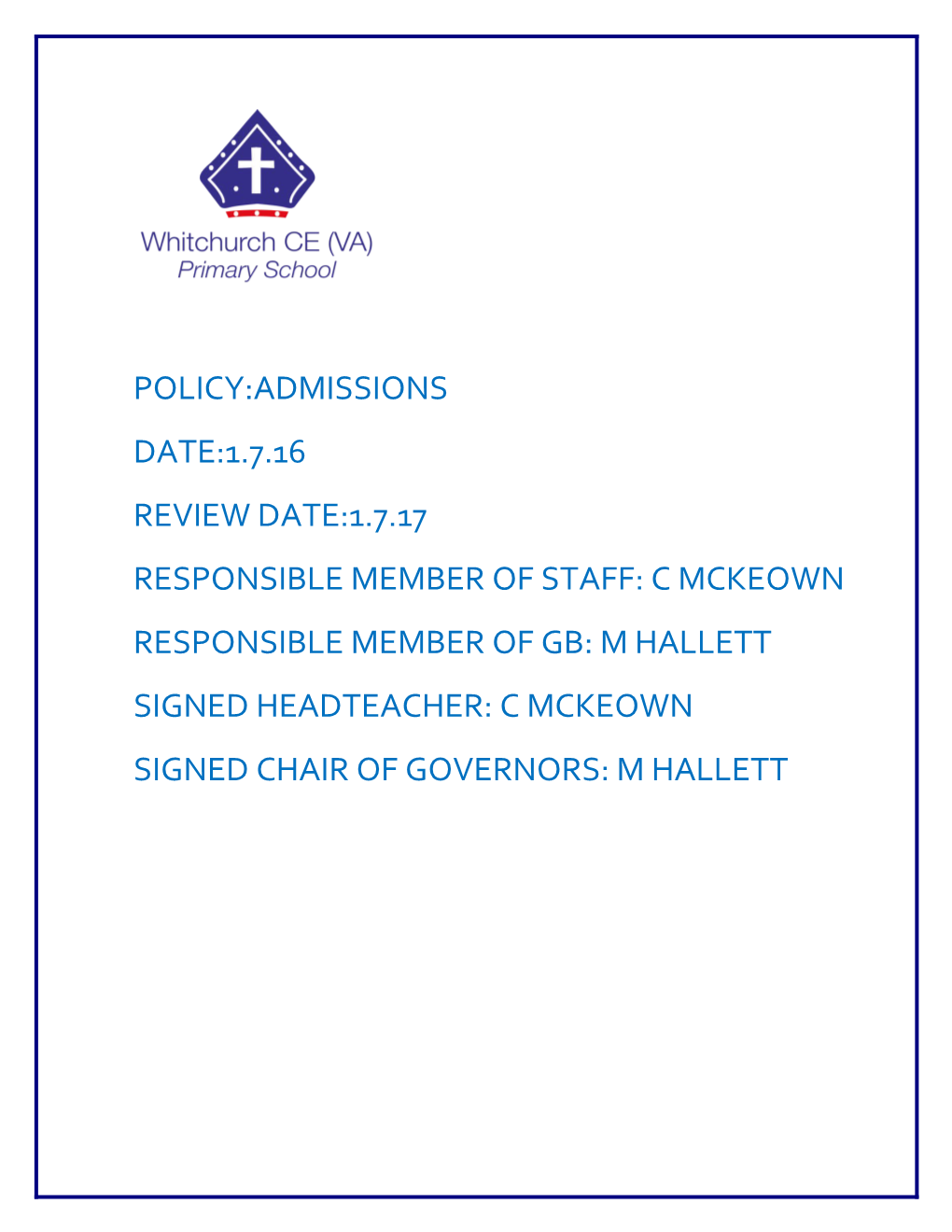 Responsible Member of Staff: C Mckeown s1
