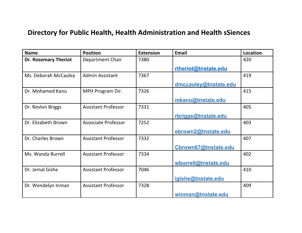Directory for Public Health, Health Administration and Health Ssiences