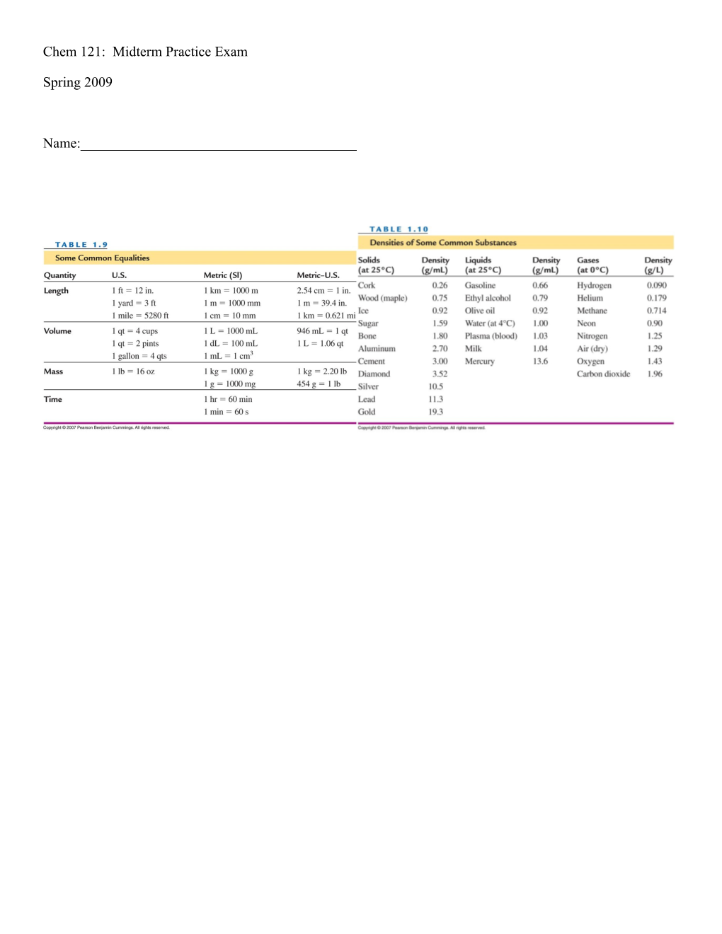 Chem 121: Midterm Practice Exam