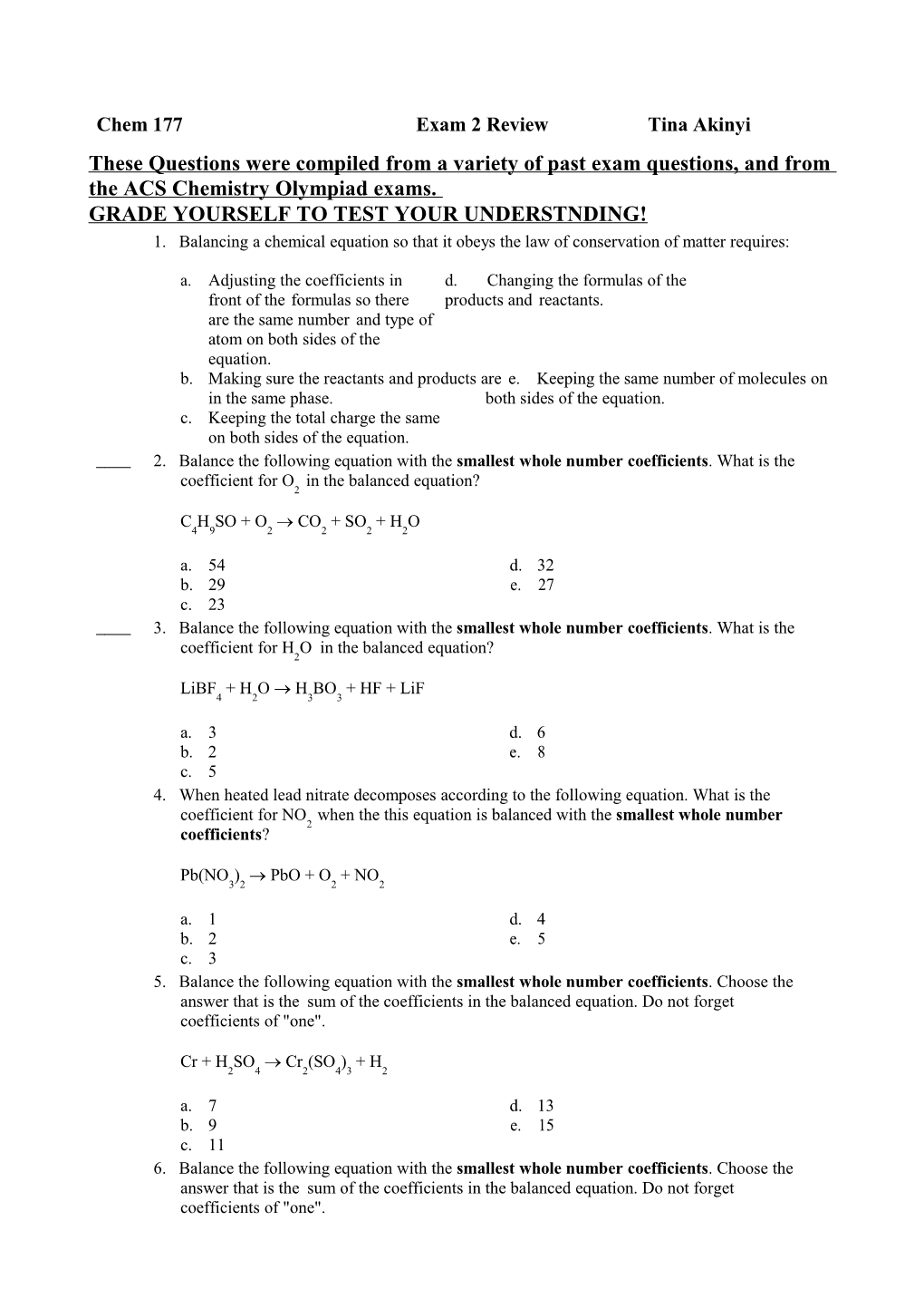 Gen Chem I Exam 2 Review Sum08.Rtf