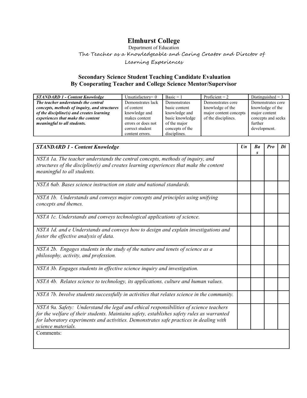 Secondary Science Student Teaching Candidate Evaluation