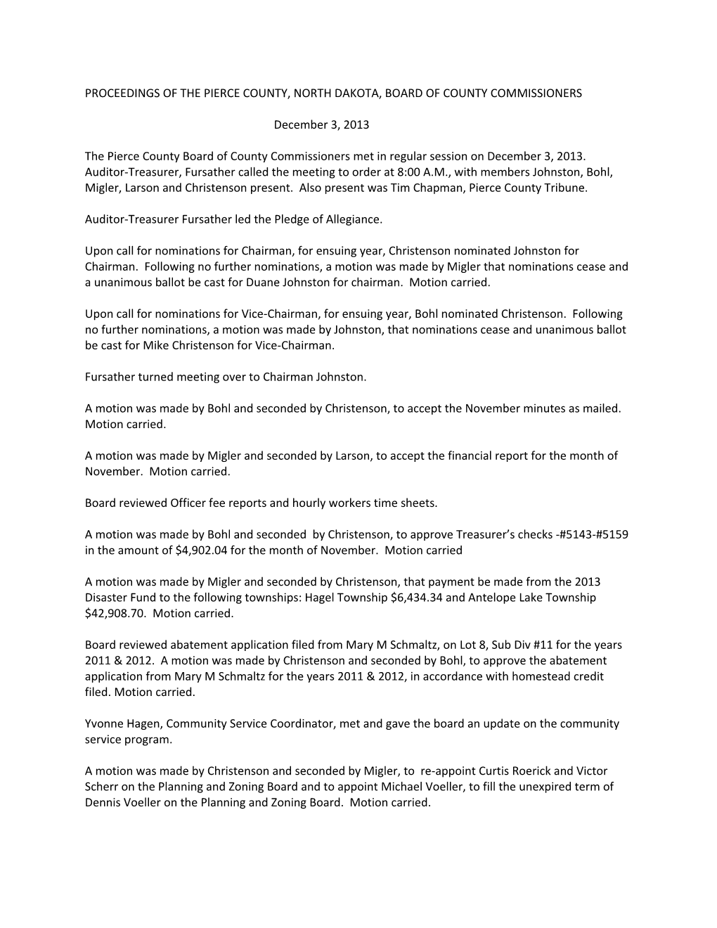 Proceedings of the Pierce County, North Dakota, Board of County Commissioners