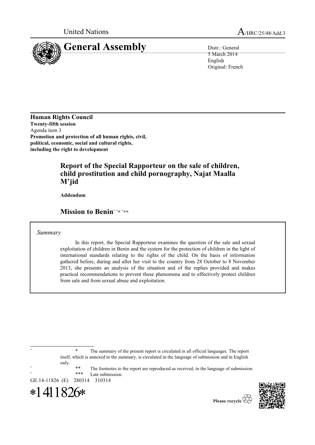 Report Of The Special Rapporteur On The Sale Of Children, Child Prostitution And Child Pornography