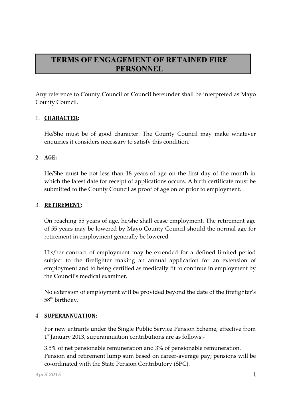 Terms of Engagement of Retained Fire Personnel